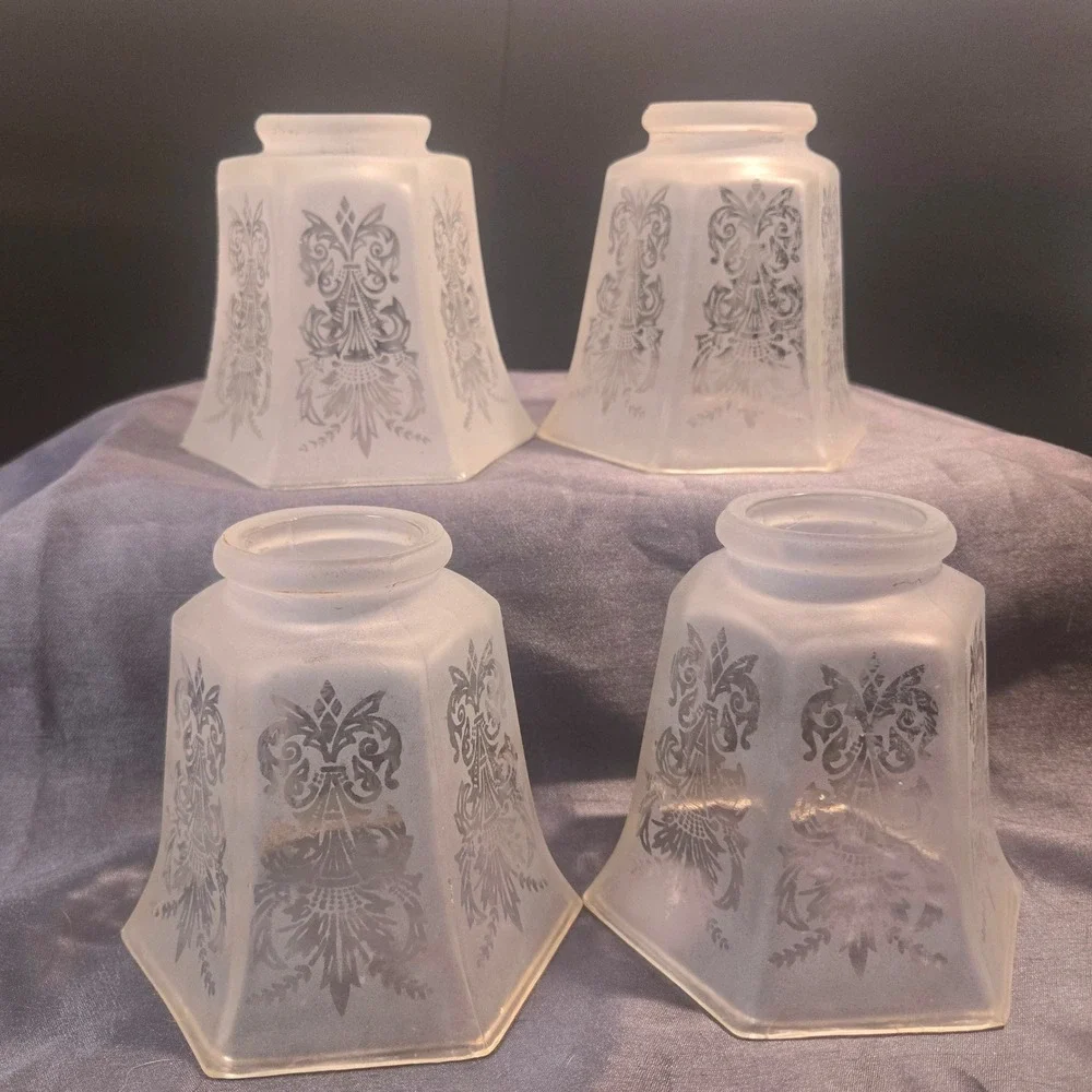 Art Deco Frosted Etched Glass Lamp Shades Set of 4 Hexagonal Vintage 1930s‎